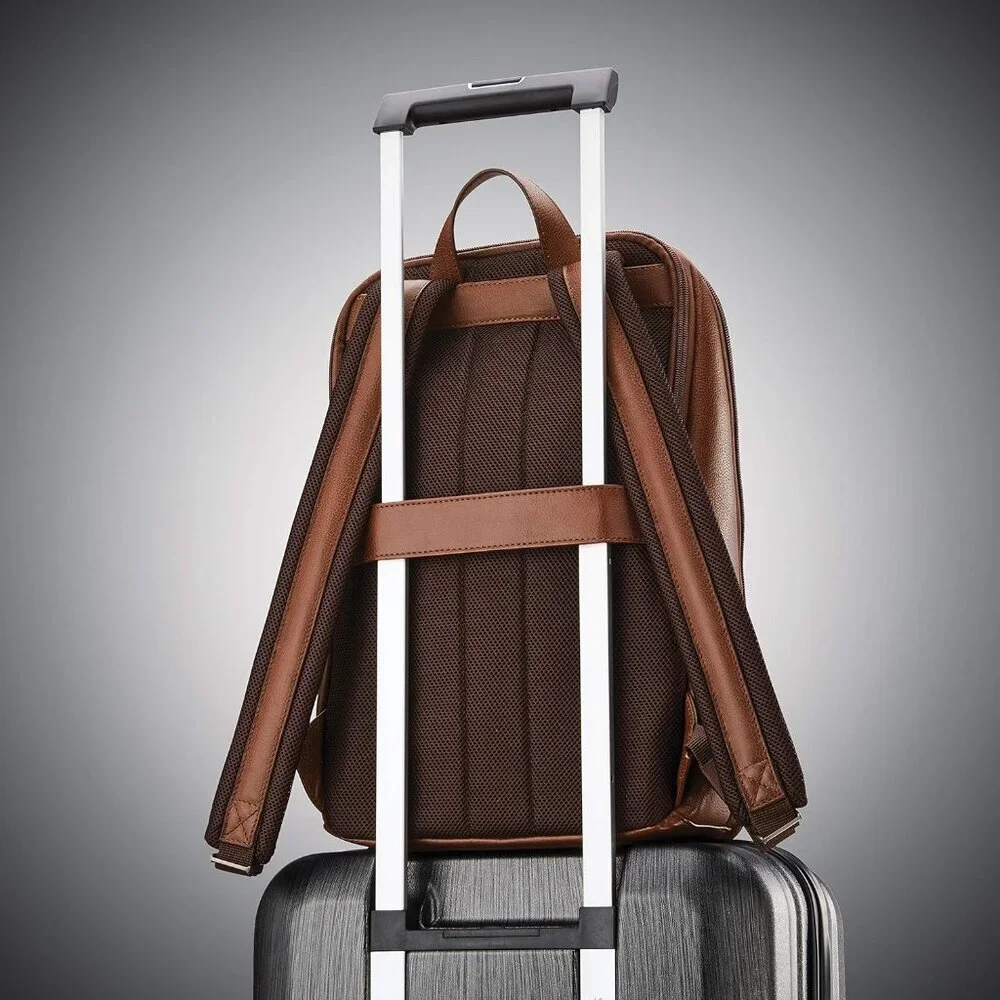 Men's Cognac Classic Leather Slim Imported Zipper Nylon Laptop Pocket Backpack
